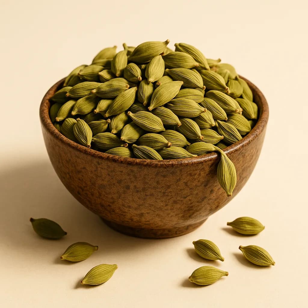A bowl of fresh new-crop green cardamom pods